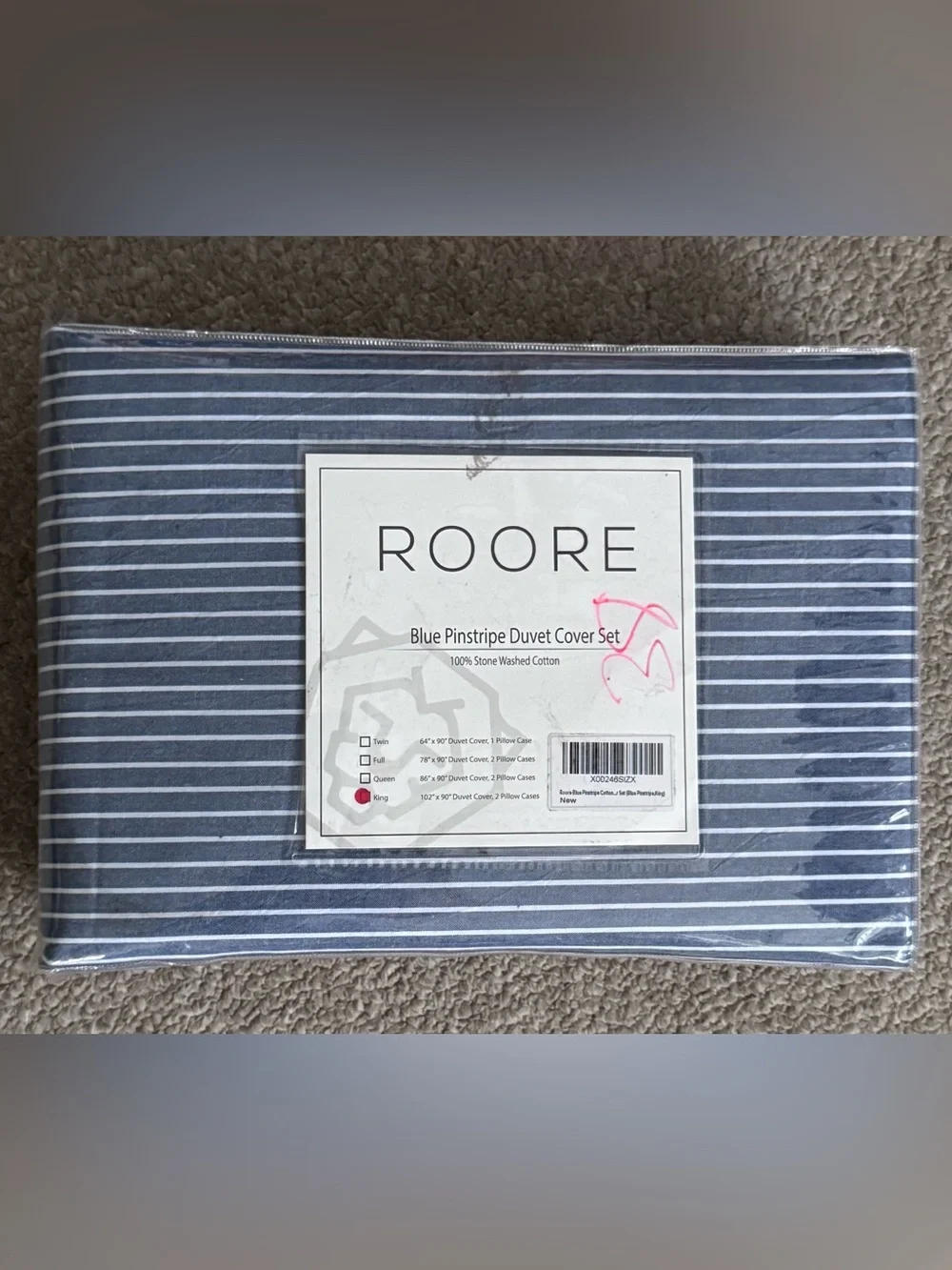 NWT New Roore King 120 x 90 Duvet Set & 2 Shams Blue Striped 100% Cotton